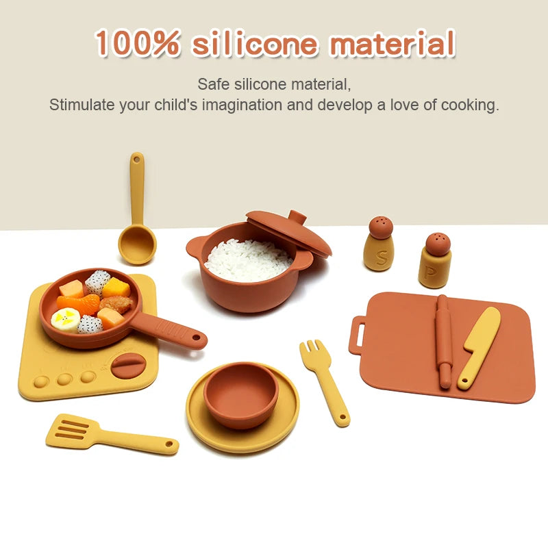 Kids Pretend Play Kitchen Toys, Food-Grade Silicone Dish Set, Realistic Mini Cooking Toys with Bowls, Plates, Pots for Toddlers