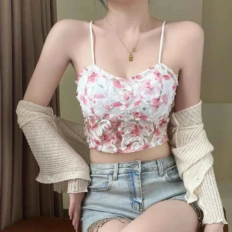 Fashion Sweet Floral Corset Vest Office Lady Beach Style Sleeveless Blouse Women Vintage Lace Slim Crop Top