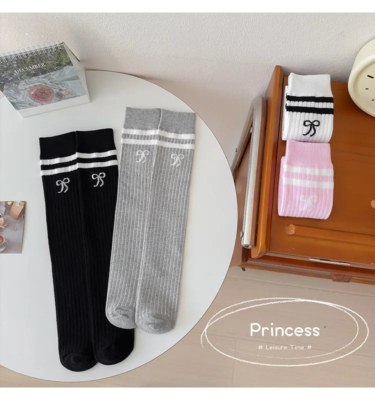 40CM Children's Long Socks Spring and Summer Girls' Bow Princess Skirt Paired with Knee High Sock Striped High Tube Cotton Socks