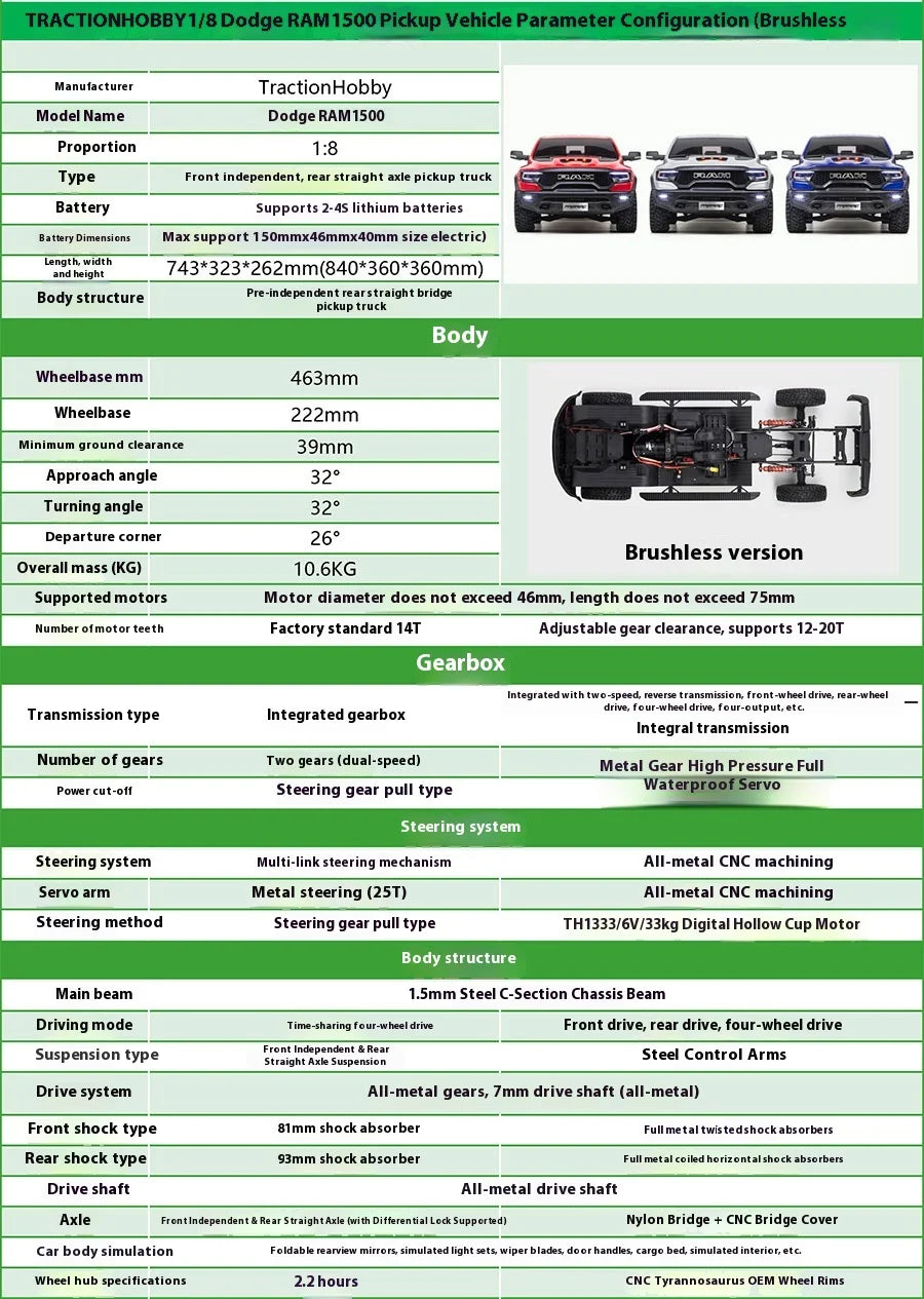 KM Thunder Dodge Tyrannosaurus RAM 1500 Simulation 1/8 Remote Control Electric 4WD Climbing Vehicle Pickup Off road Vehicle
