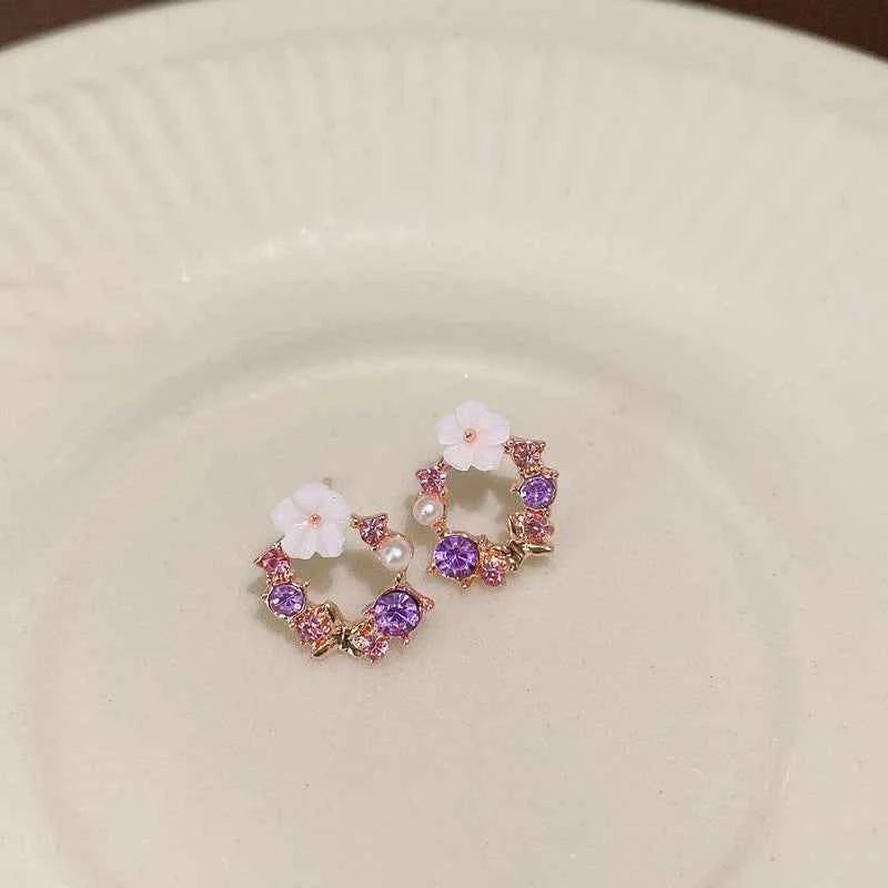 Colorful Flower Earrings Imitation Pearl Geometric Stud Earrings For Women Sweet Elegant Earrings For Party Banquet Jewelry Gift