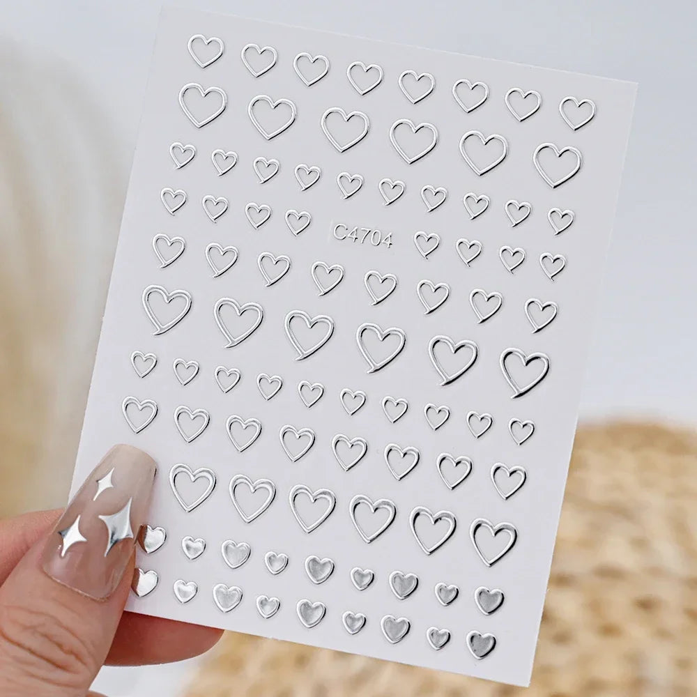 Metallic Silver 3D Star Chain Heart Nail Stickers 6 Sheets Self Adhesive Decals Professional Salon DIY Gel Nail Art Supply