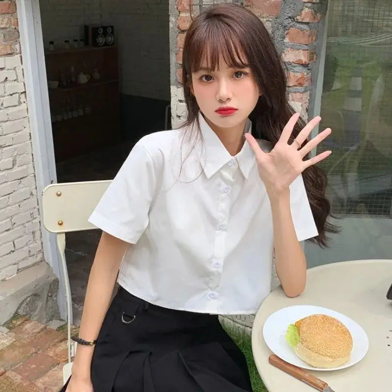 Oversize Cropped White Shirt Women Summer Short Sleeve Polo Neck Button Down Basic Short Sleeve Shirts Korean Female Blouses