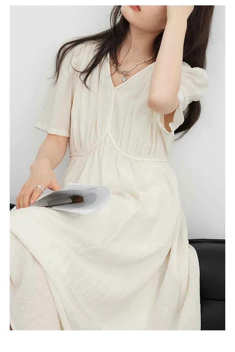 CHIC VEN Women Dresses French Style Vintage V-neck Puff Sleeve Long Dress Solid Black Loose Female Clothing Summer New 2023