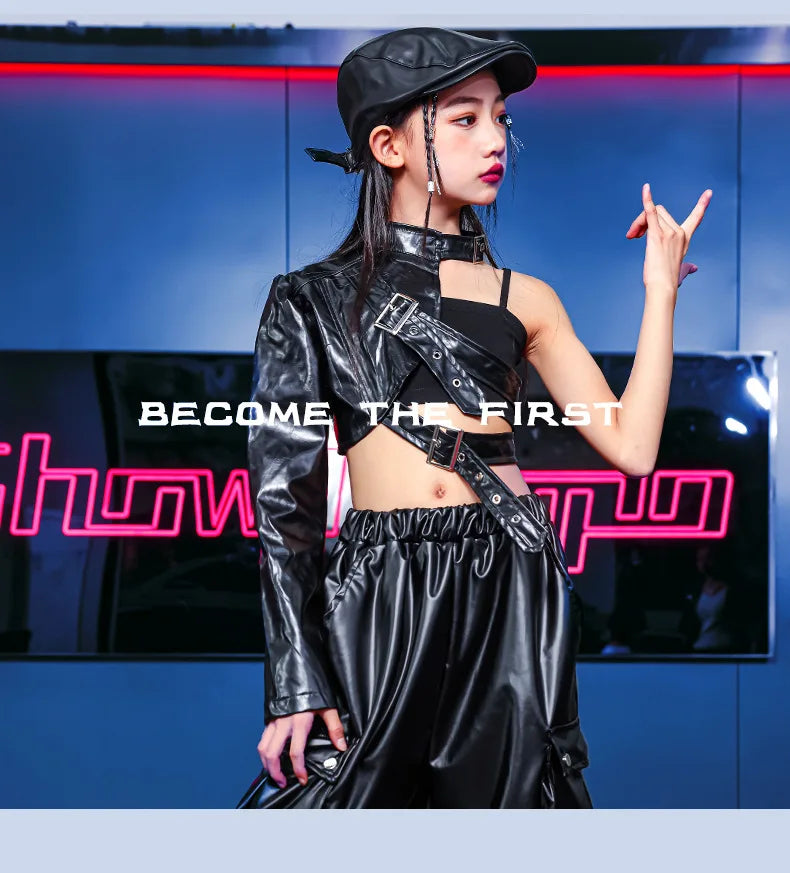 Kid Hip Hop Clothing T Shirt Crop Top Wine Red Arm Sleeve Faux Leather Casual Cargo Pants for Girl Jazz Dance Costumes Clothes