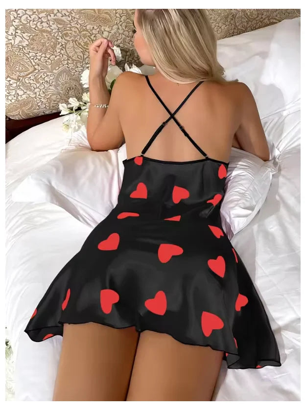 Heart Print Slip Nightdress Casual Crew Neck Criss Cross Back Sleepwear Women's Dresses