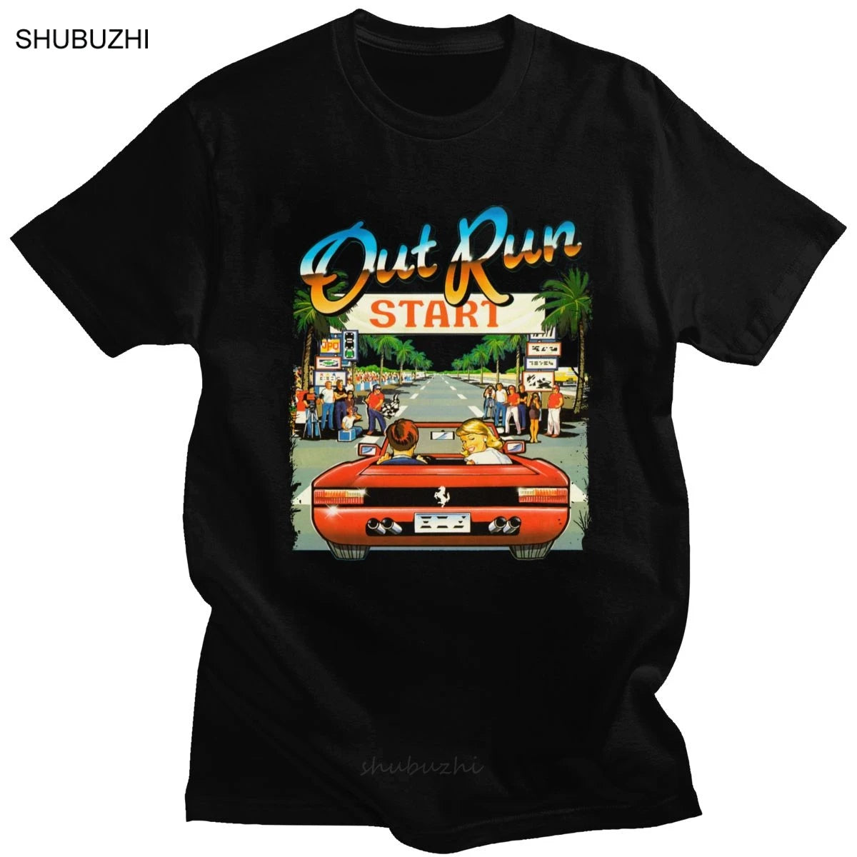 Japanese Arcade Racing Video Game OutRun T-shirt Men's Short Sleeved 80s Retro Harajuku Fashion Console Game T-shirt OutRun