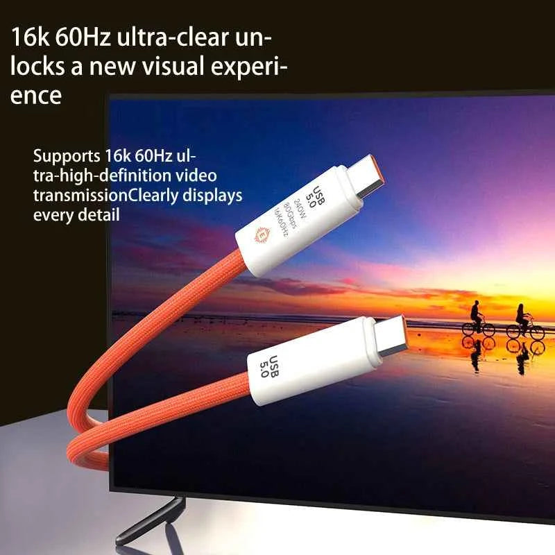 USB 5.0 Nylon Braided Cable with Dual Type-C Ports 240W PD Fast Charging Multifunction Data Cable for Screen Casting