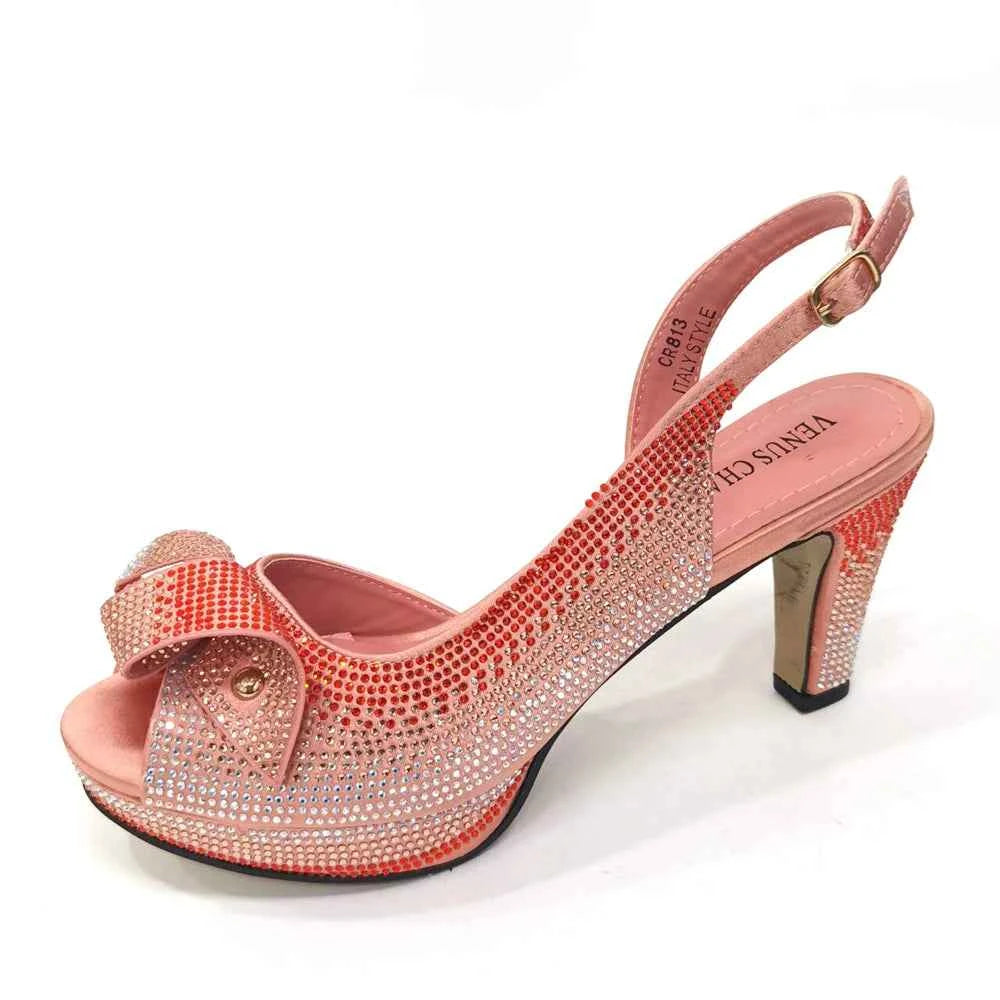 Venus Chan Newest INS Style Peach Color Rhinestone Elegant High Heels Nigeria Popular Design African Ladies Shoes And Bag Set