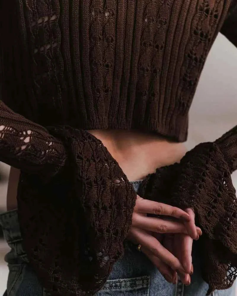 Trendix Summer Knit Long Sleeve Cardigan For Women V Neck Solid Bodycon Hollow Out Short Tops Party Club Slim Vacation Top Femme
