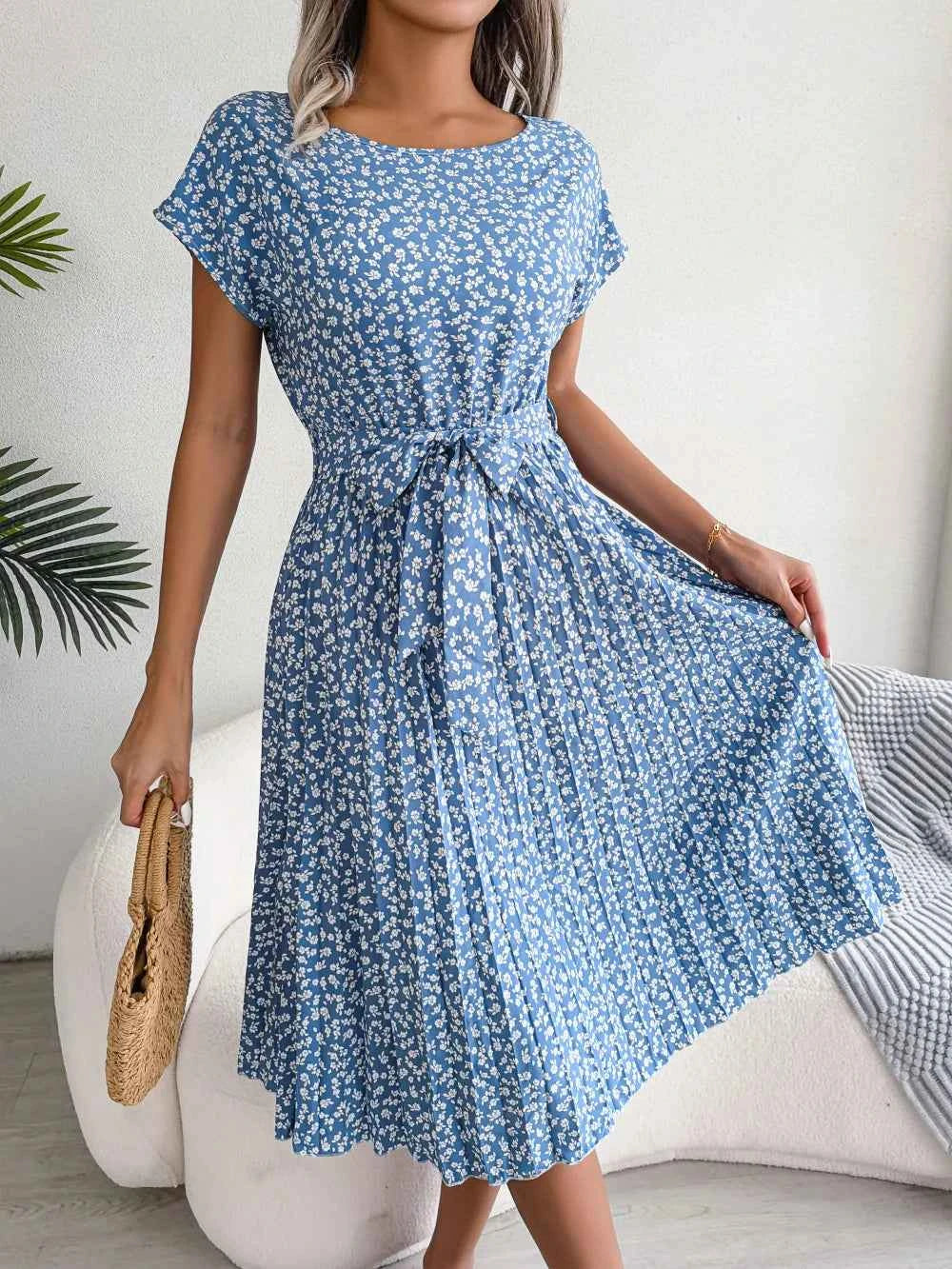 Ficusrong Fashion Floral Pleated A Line Long Dress Women Spring Summer Short Sleeve High Waist Chic Dress