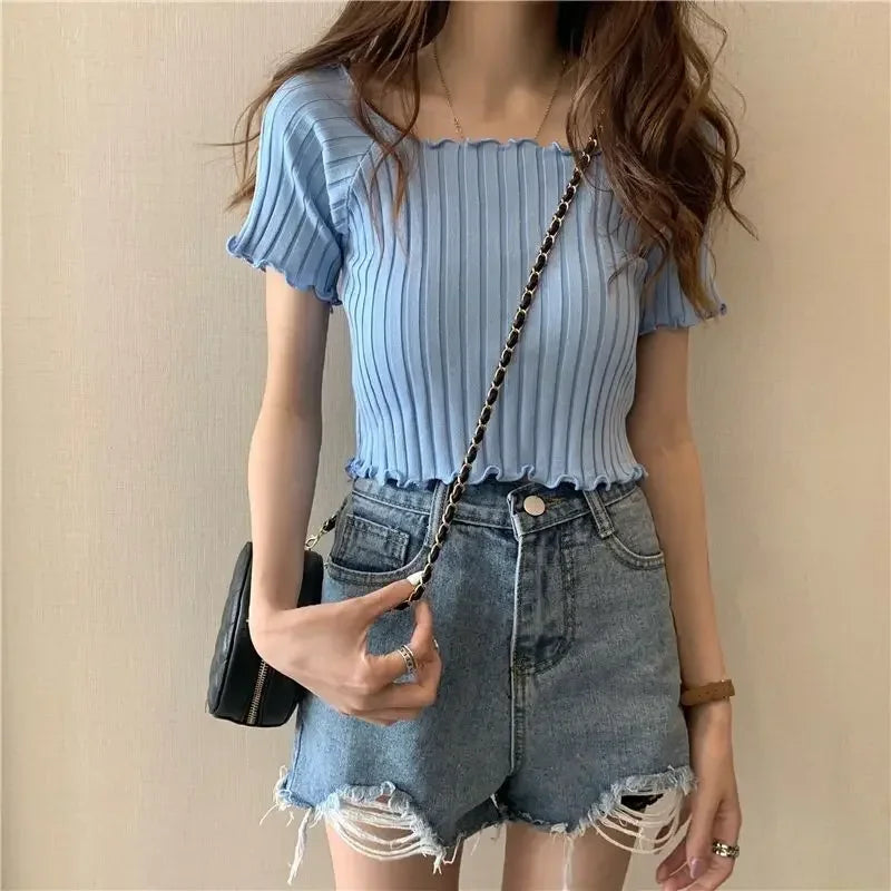 Off The Shoulder Top Women Knitted Sexy Short Sleeve Slim Fit T-Shirts Crop Top Y2k Top Summer Clothes Korean Casual Tees Female