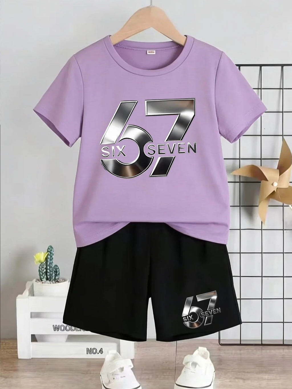 Boy And Girl 67 Six Seven Print Children's Set,Casual Fashionable Comfortable Versatile Short-Sleeved T-Shirt+Shorts 2-Piece Set
