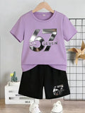 Boy And Girl 67 Six Seven Print Children's Set,Casual Fashionable Comfortable Versatile Short-Sleeved T-Shirt+Shorts 2-Piece Set