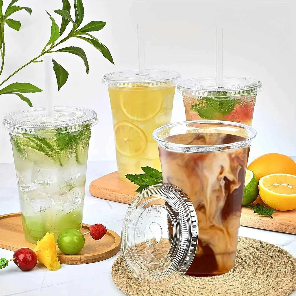 50pcs/Set 12/16OZ Plastic Cups With Lids Disposable Cups For Iced Coffee Smoothie Milkshake Cold Drinks Birthday Party Supplies