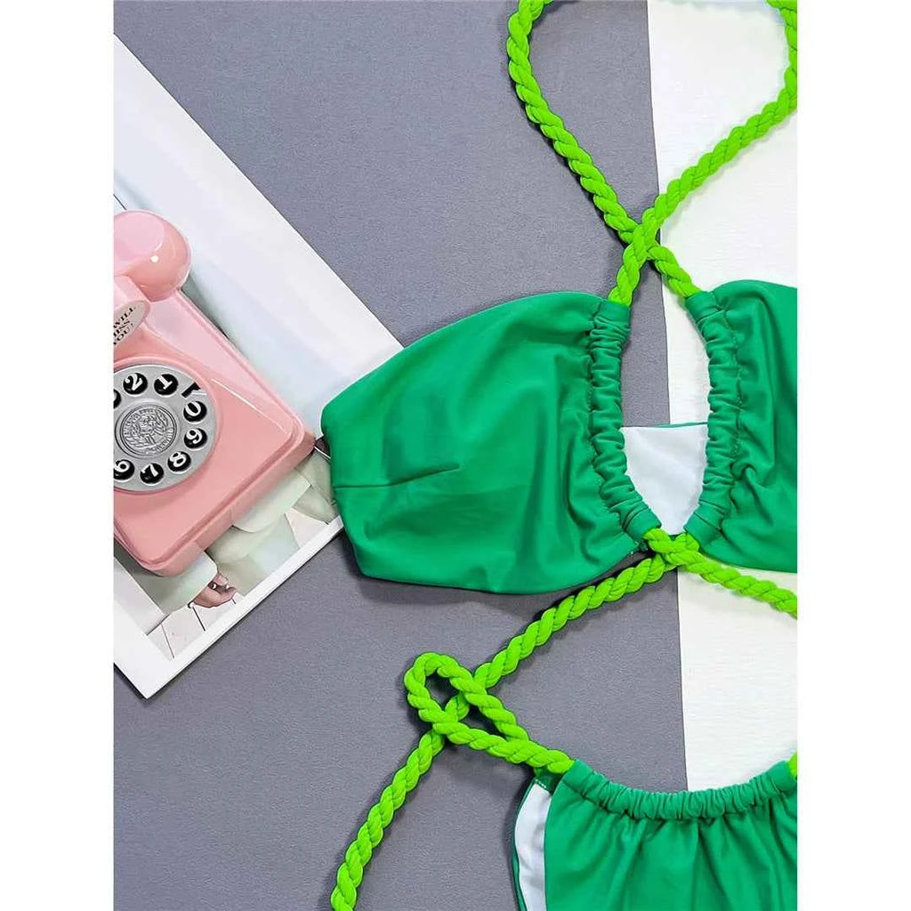 New Wrap Around Halter High Leg Cut Bikini Female Swimsuit Women Swimwear Two-pieces Bikini set Bather Bathing Suit Swim V4750
