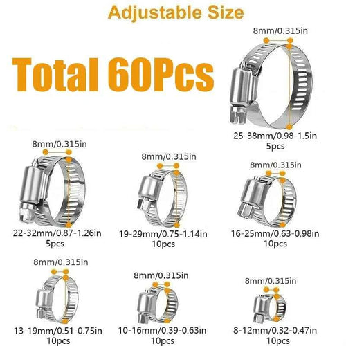 60pcs 8-38mm Adjustable Stainless Steel Screw Band Hose Clamps Car Fuel Hose Clamps Pipe Clamp Worm Gear Clip Hose Clamp