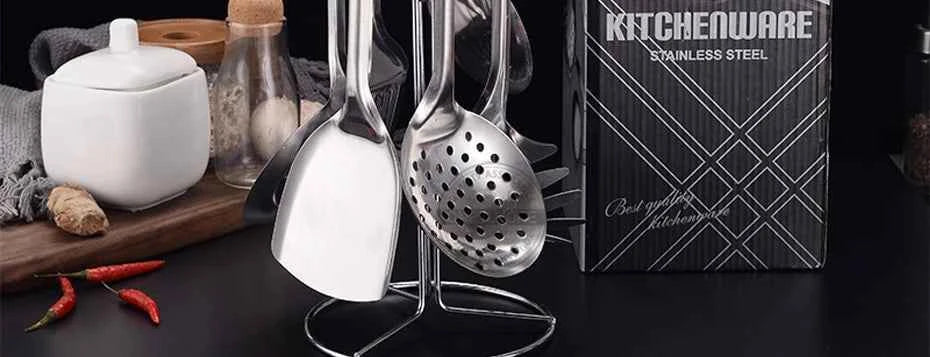 6 Pieces Kictche Cooking Utensil Set Stainless Steel Cookware Set with Organizer Holder Stand Kitchen Cooking Tools