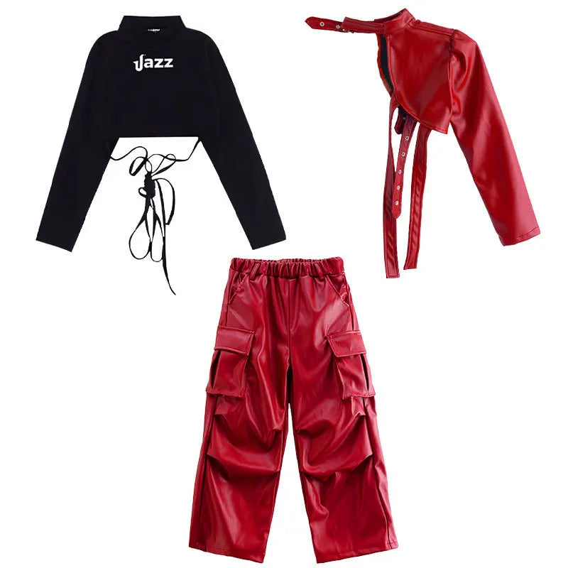 Kid Hip Hop Clothing T Shirt Crop Top Wine Red Arm Sleeve Faux Leather Casual Cargo Pants for Girl Jazz Dance Costumes Clothes