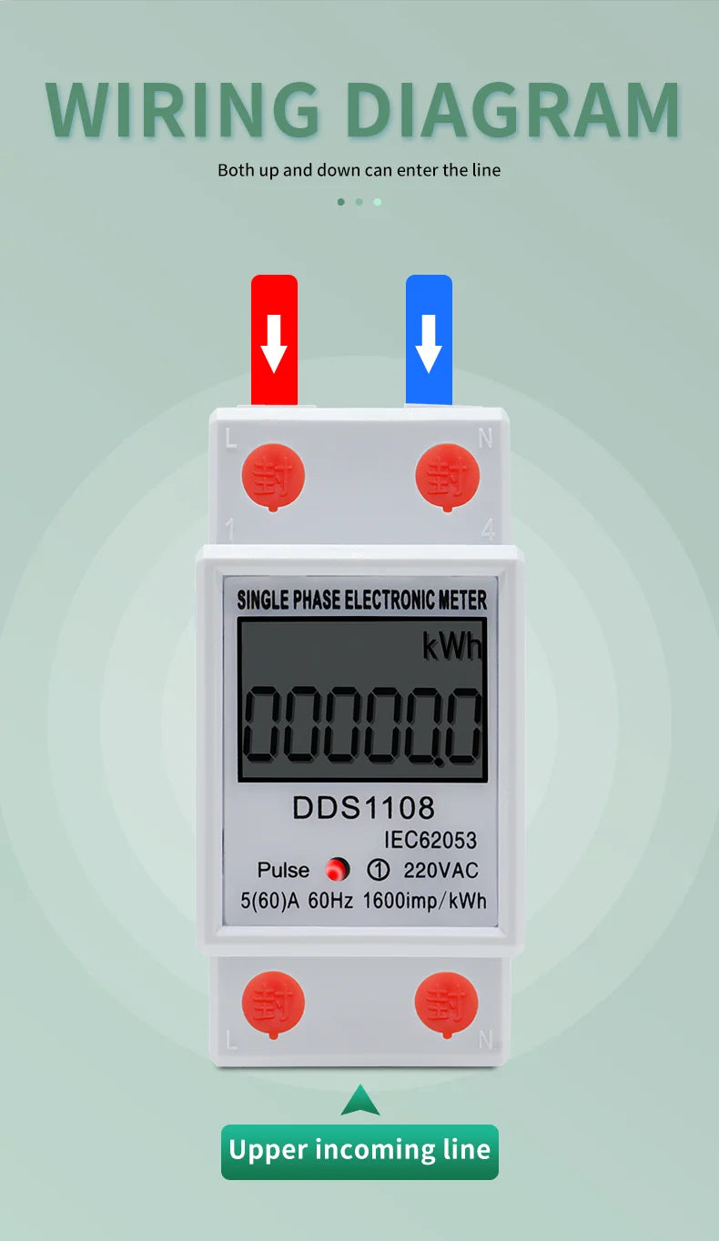 LCD Digital Display Power Consumption Meter Single Phase Energy Meter Watt Wattmeter kWh 230V AC 50Hz 60A Electric Din Rail