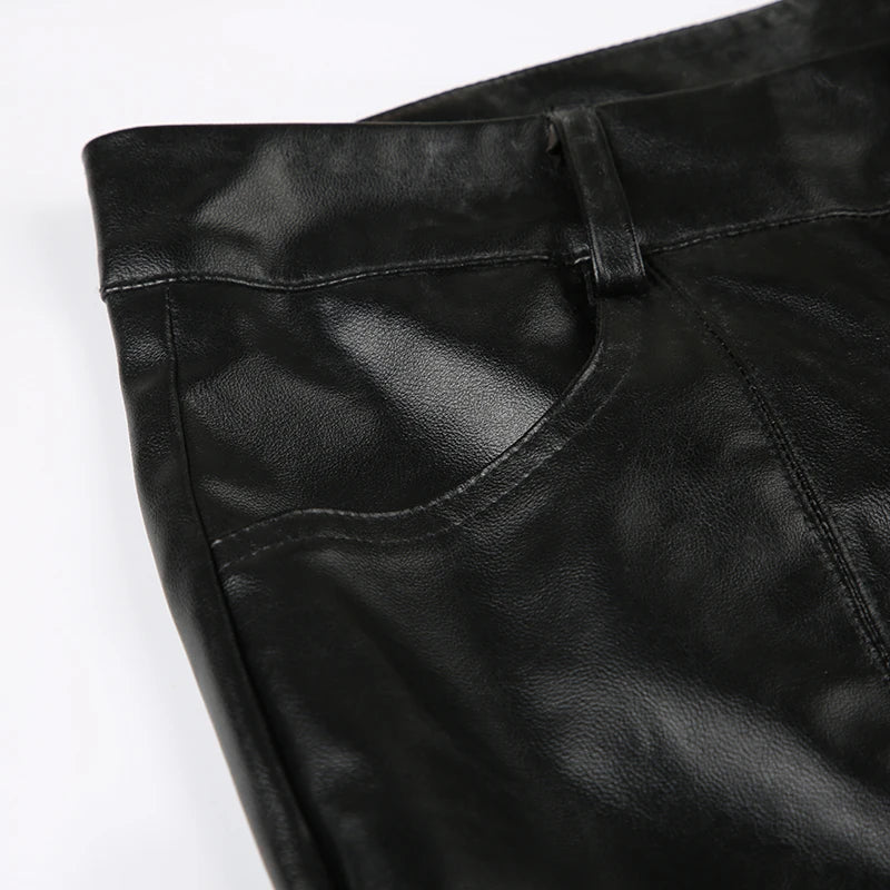 SUCHCUTE PU Leather Flare Pant Goth Buckle Lace Patchwork Pants Women Fashion Y2K Streetwear Vintage Aesthetics Casual Trouesrs