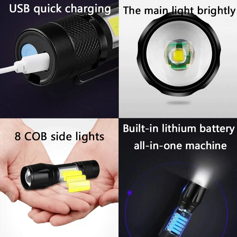 Rechargeable LED Pocket Flashlights with Pen Clip Zoom Mini Light 3 Lighting Mode with Side Lamp for Outdoor Camping Emer