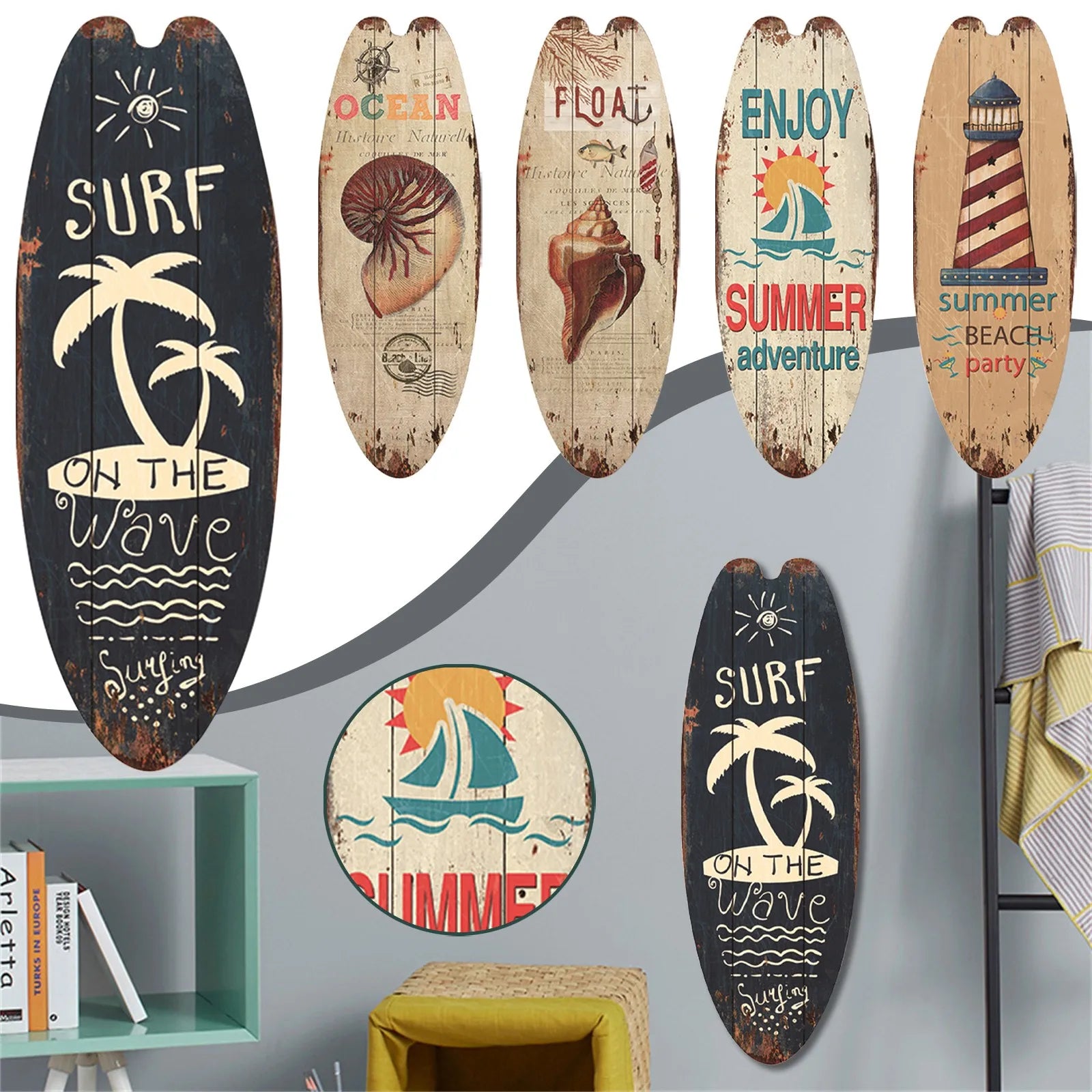 Beach Ocean Theme Surfboard Wooden Leisure Home Party Festival Hanging Decoration Bar Home Wall Retro Decor Wooden Print Sign