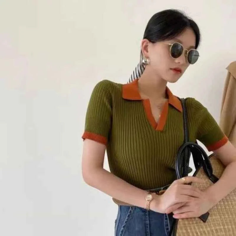 Vintage Panelled Knitted T-shirts Women V-neck French Style Slim Summer New Literary Fashion All-match Mature Elegant Ulzzang
