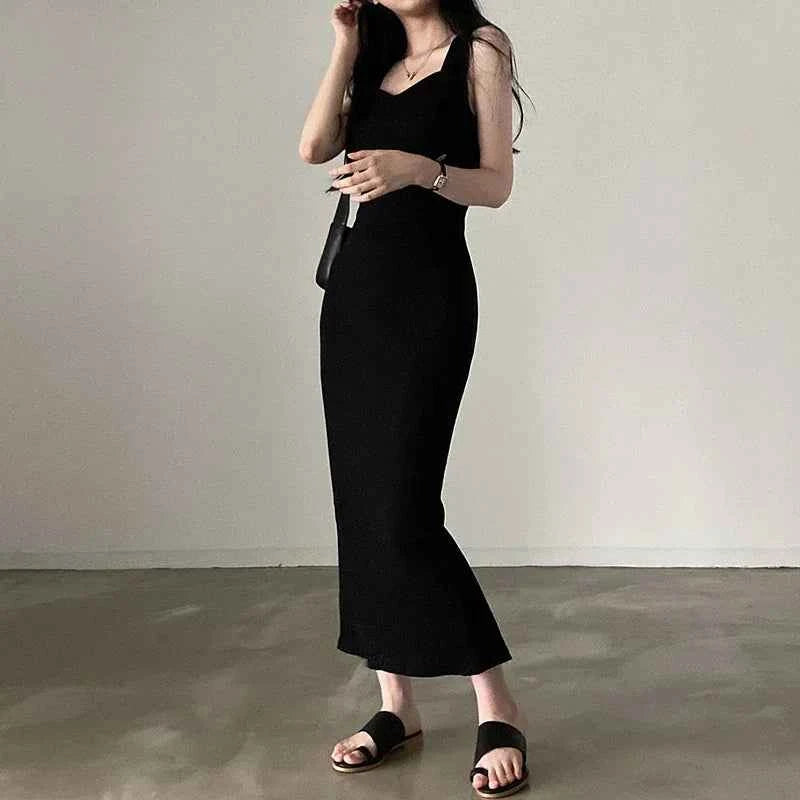 Myufon Basic Knit Long Dress Korean Fashion Square Collar Sleeveless Women's Dresses Summer Casual Y2k Vintage All-match Outftis
