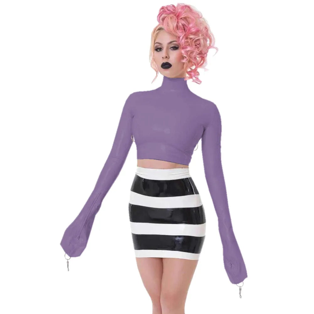 Sexy Crop Tops with Finger High Neck, Slim Skinny Leather, PVC Short Shirts, Vinyl Sexy Top with Lock Key, Club Night