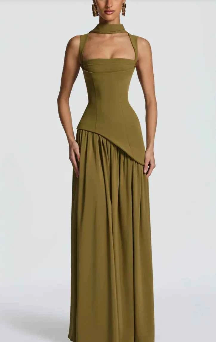 Suninheart Summer Elegant Olive Green Maxi Dress for Women Flowy Long Dress with Scarf Birthday Party Beach Graduation dress