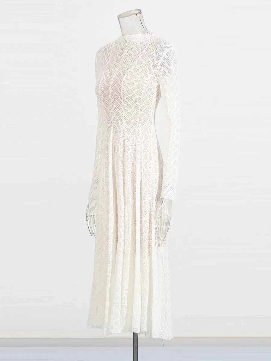 TWOTWINSTYLE Solid Slimming Spliced Ruffles Dresses for Women Round Neck Long Sleeves Patchwork Hollow Out Dress Female Clothing