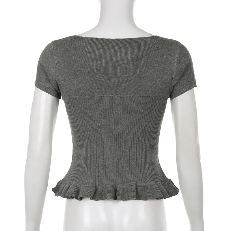 Preppy Kawaii Knitted Crop Tops Puff Sleeve Ruffles Hem Tees Fairy Vintage Y2K Milkmaid Tops Cottage Retro Women T-shirts Korean