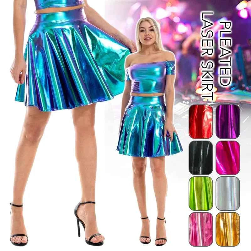 Women Summer Sexy Laser Skirts Mini PU Leather Club Party Dance Shiny Holographic Skirts Harajuku JK Metallic Pleated Skirts