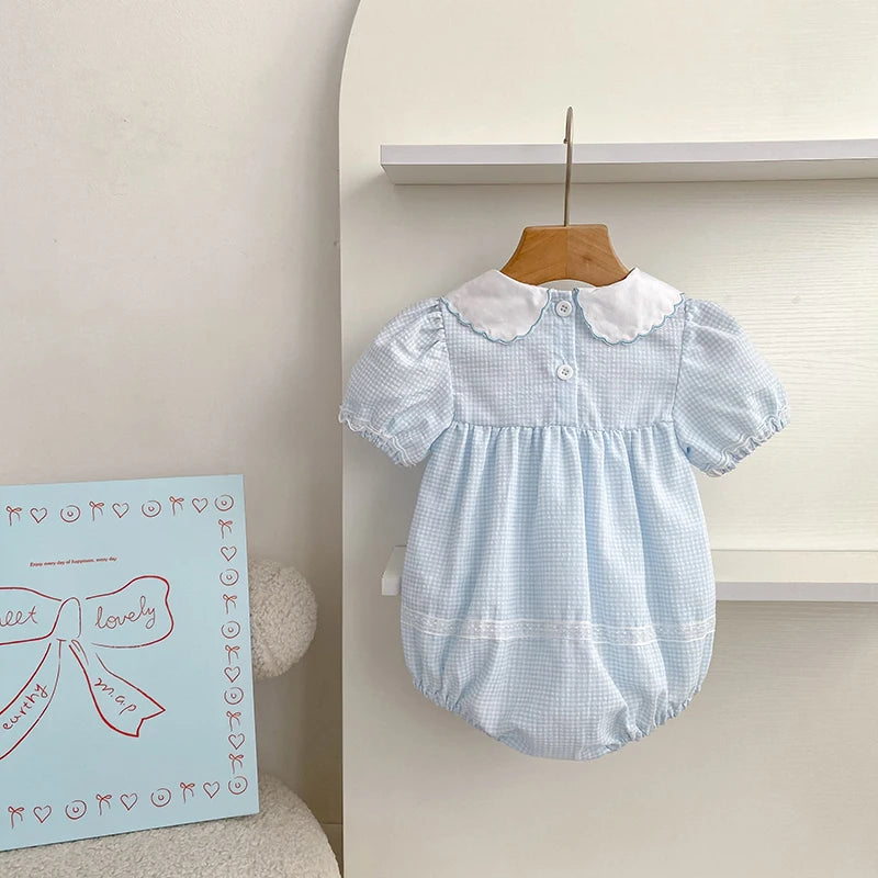 2026 Summer Baby Girl Embroidered Collar Bodysuits 0-24M Baby Girl Romper Newborn Short Sleeved Baby Girl Yellow Jumpsuit