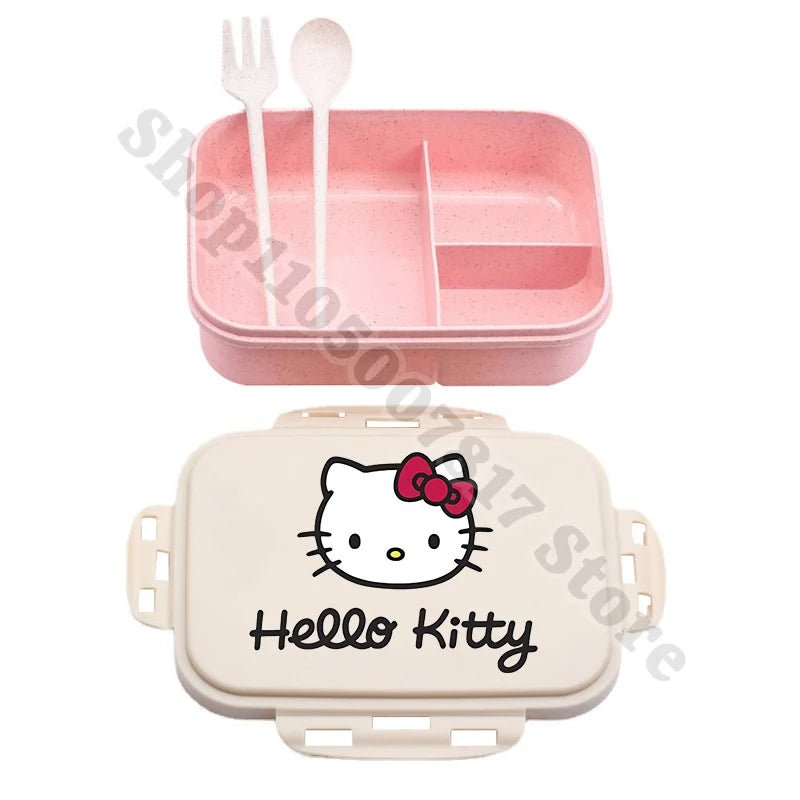 Kids Portable Plastic Lunch Box Hello Kitty Cartoon Cute Lunchbox with Spoon Fork Children Anime Food Fruit Containers Xmas Gift