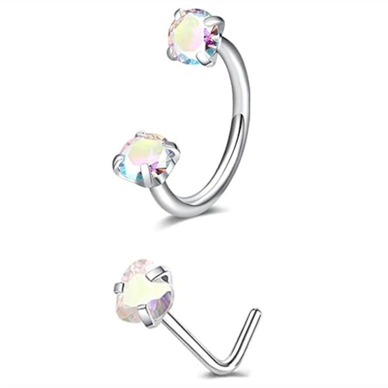 2PCSE Metal color Stainless Steel Nose Ring Set With CZ Studs & Horseshoe