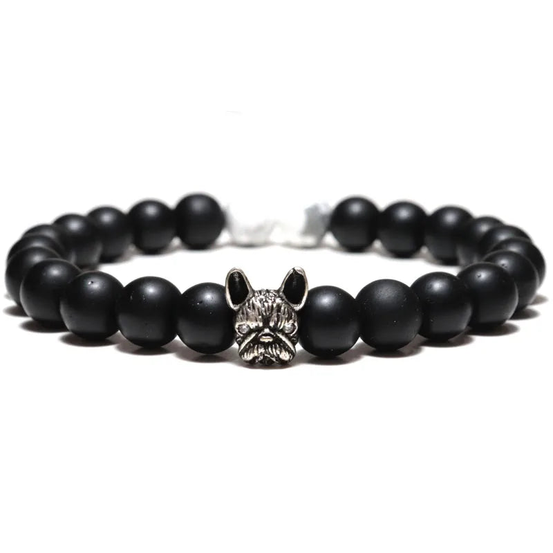 New French Bulldog Bracelet For Men 8mm Natural Lava Tiger Eyes Stone Braclet Beaded Vintage Braslet Homme Camping Accessories