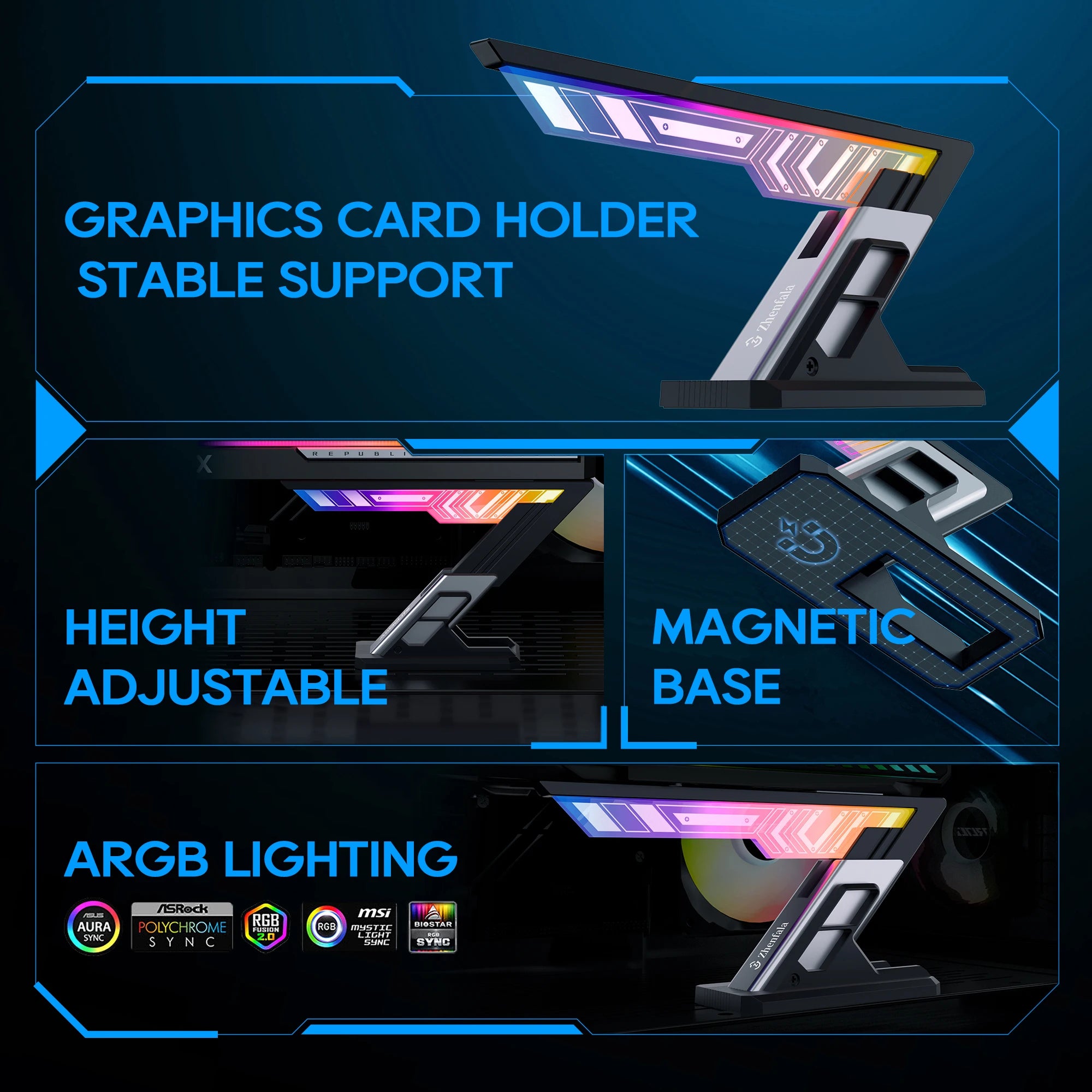 ARGB GPU Support Bracket，Horizontal GPU Anti-Sag Support Bracket 5V 3pin 75-128mm adjustable Universal GPU Bracket