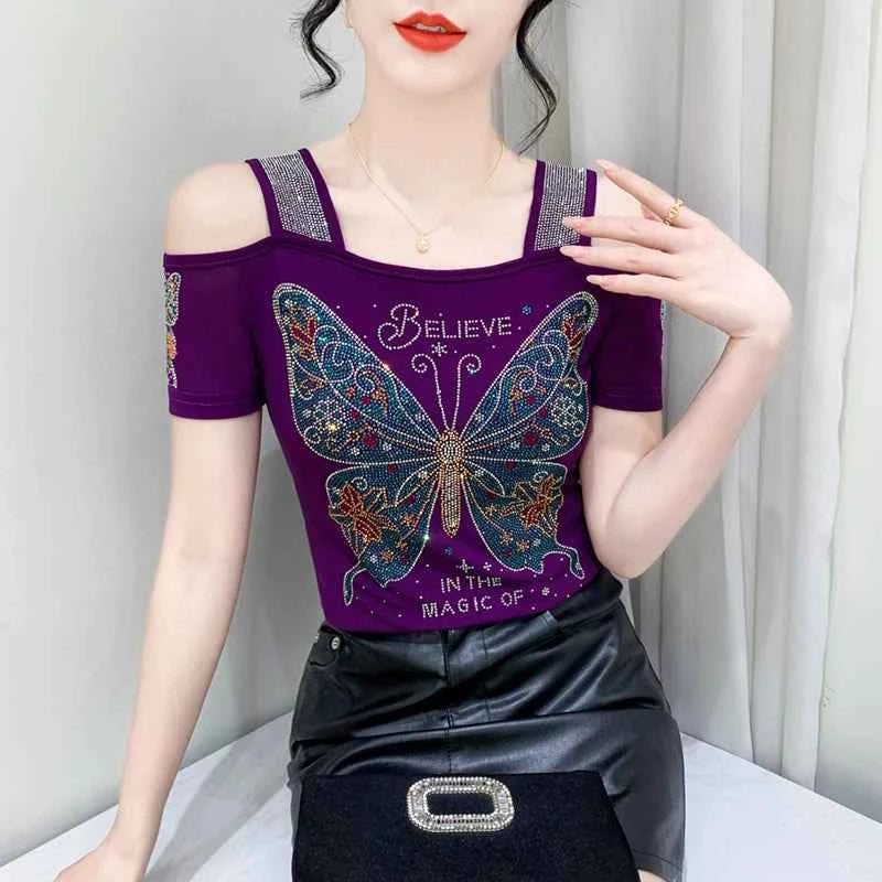 New Arrival Summer European Clothes Women's T-Shirts Chic Luxury Butterfly Hot Diamonds Tees Sexy Girl Slim Streetwear Tops
