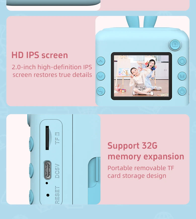 Kids Photo Camera Printer with Game Cute Bunny Mini Digital Video Child Instant Print Camera 4-12 Years Kids Girls Boyes Gifts