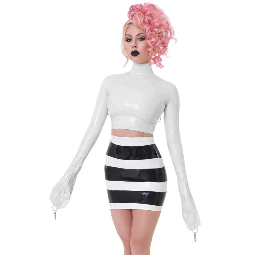 Sexy Crop Tops with Finger High Neck, Slim Skinny Leather, PVC Short Shirts, Vinyl Sexy Top with Lock Key, Club Night