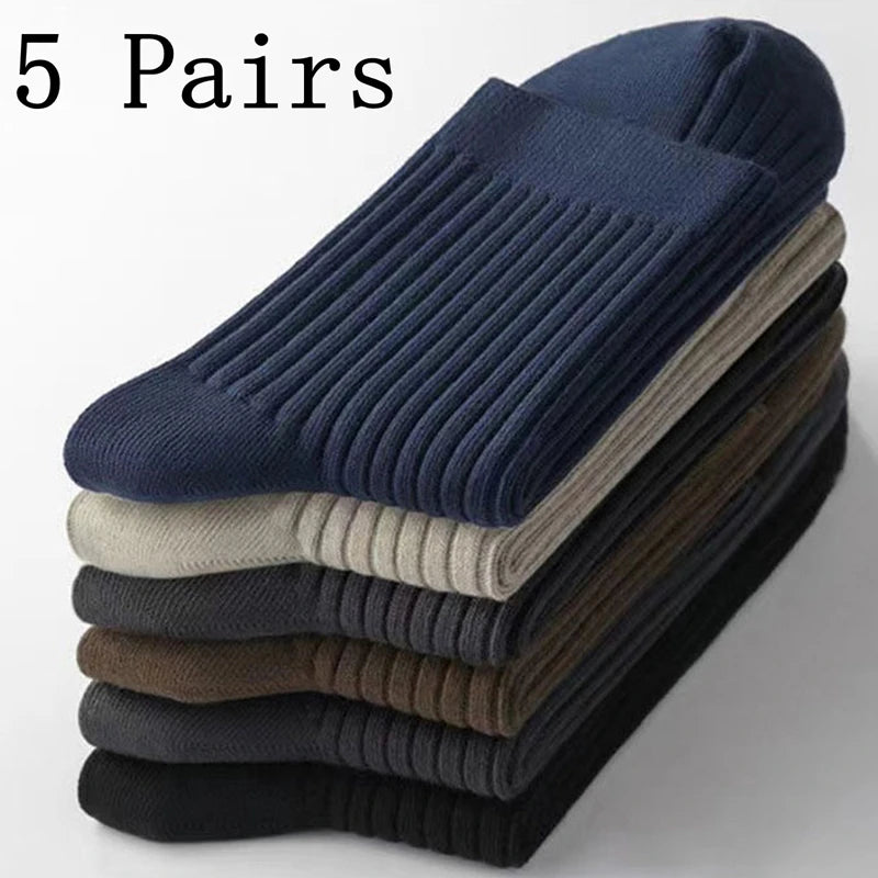 5 Pairs Socks Men's Mid-tube Sweat Absorption Business Sports Black Solid Color Stockings Autumn Winter Double Needle Breathable