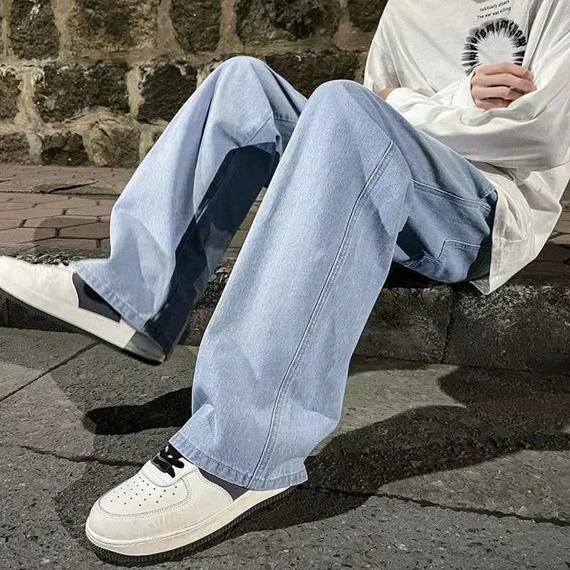 New Streetwear Loose Jeans Men Korean Style Fashion Loose Straight Wide Leg Pants Men's Brand Clothing Black Light Blue