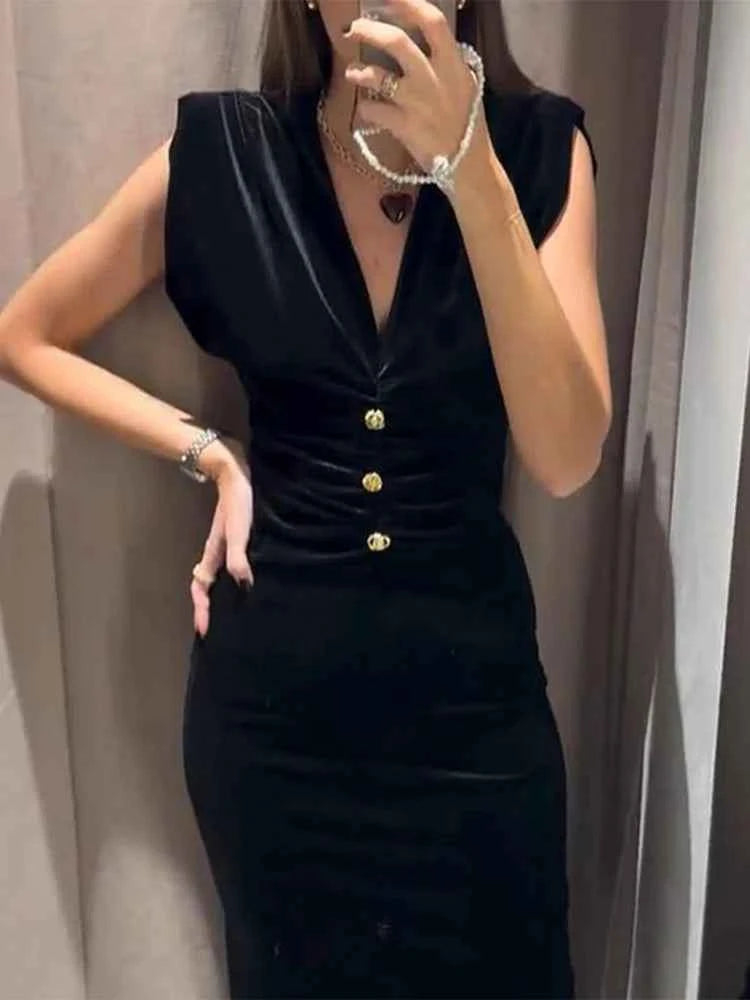 Elegant Velvet Long Dress Women V Neck Sleeveless High Waist Shoulder Pad Dresses Female 2025 Fashion Evening Vent Dresses Lady