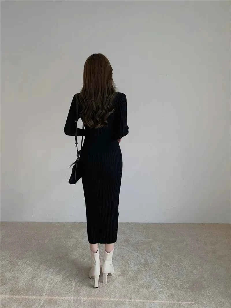 Autumn Winter Sweater Dress For Women 2024 New Arrivals Buttons Up V Neck High Waist Long Knitted Dress Korean Maxi Dresses