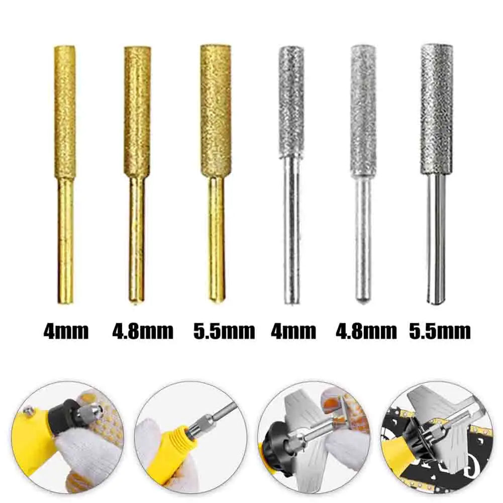 6pcs Chainsaw Sharpener 4/4.8/5.5mm Diamond Coated Cylindrical Burr Chain Saw Sharpening Grinding Head