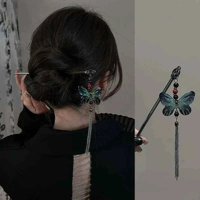 2026 New Chinese Style Butterfly Flower Tassel Hair Stick for Women Vintage Metal Hanfu Chopstick Hair Sticks Hair Accessories