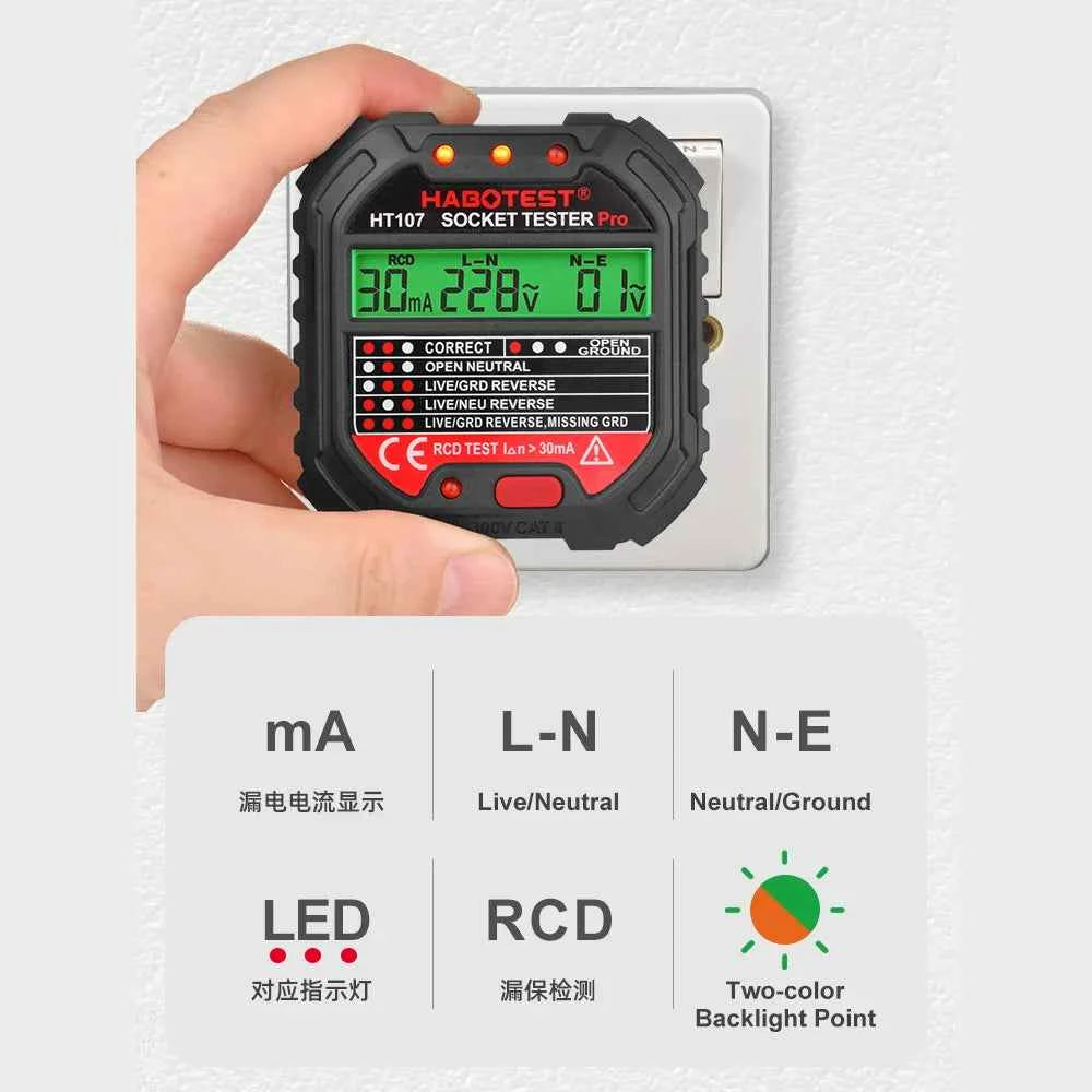 HT107 Outlet Socket Tester Digital Plug AC Voltage Detect 30mA RCD Test Polarity Phase Check Circuit Checker Bicolor Backlight