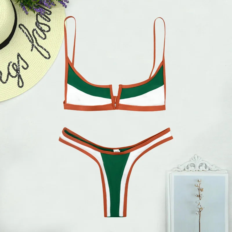 Splicing Denim V Shaped Thong Bikini Women Swimsuit Female Swimwear Two Pieces Bikini Set Bather Push Up Bathing Suit Swim Lady